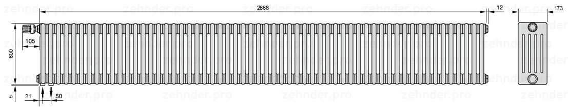 Схема (чертеж) Радиатор Zehnder Charleston 5060/58 №V001 Белый глянцевый RAL 9016